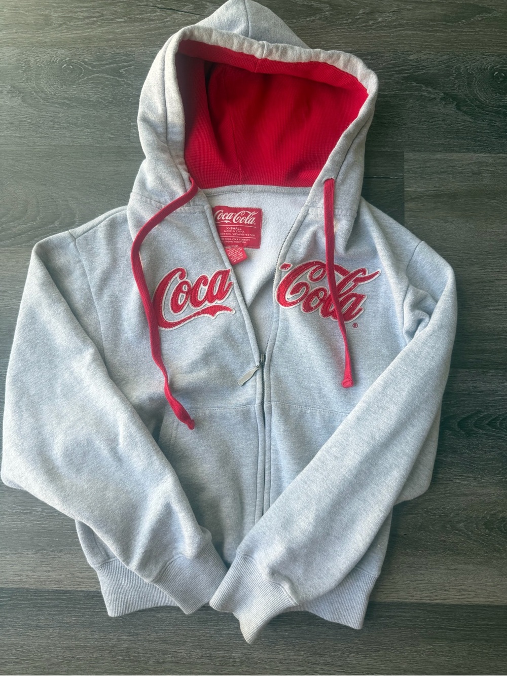 Coca-Cola Light Gray Full zip Hoodie with Red Accent Hood & Bottle Charm Y2K